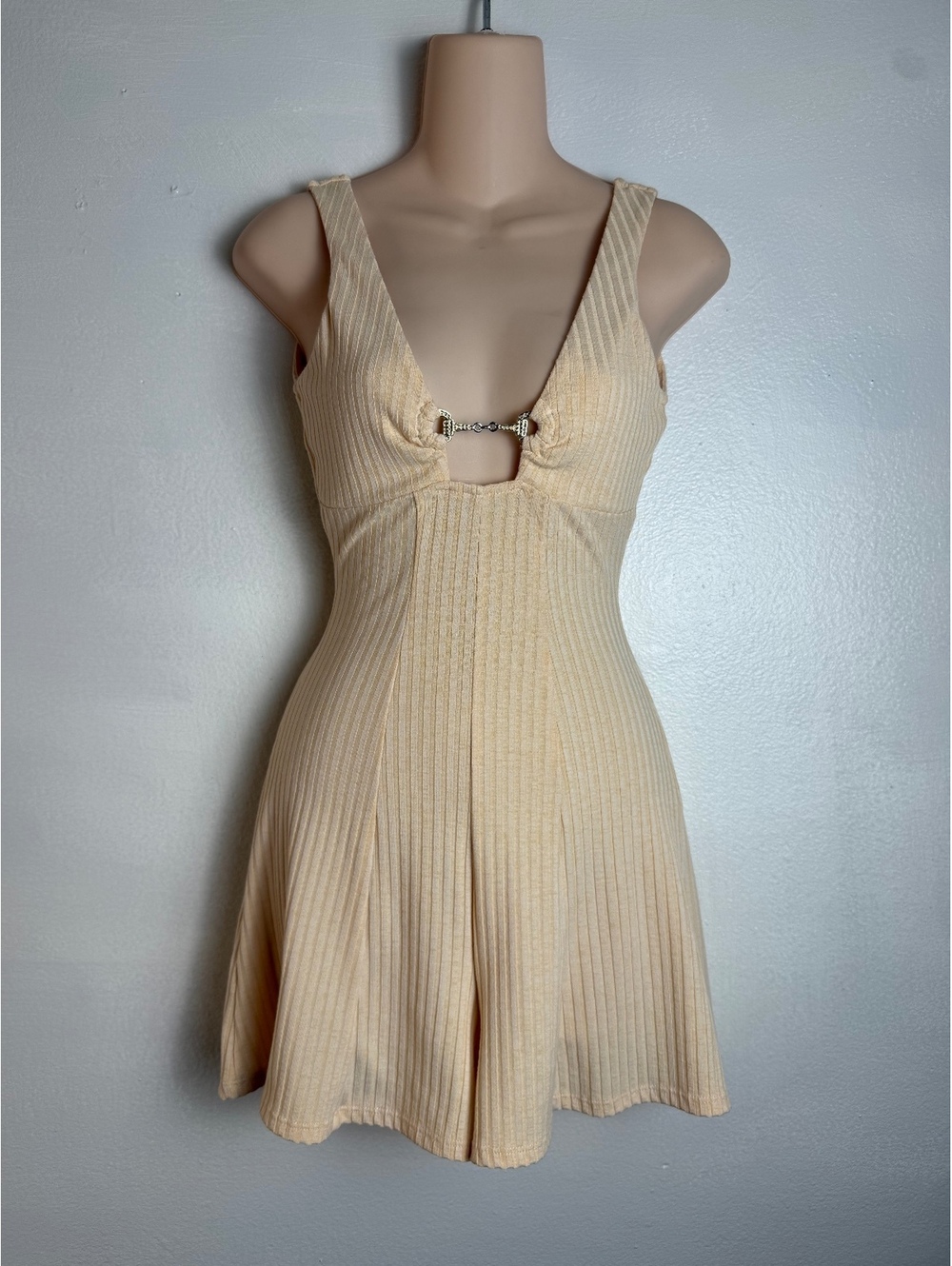ASOS DESIGN XXS Beige Ribbed Mini Dress Romper Plunge Neck